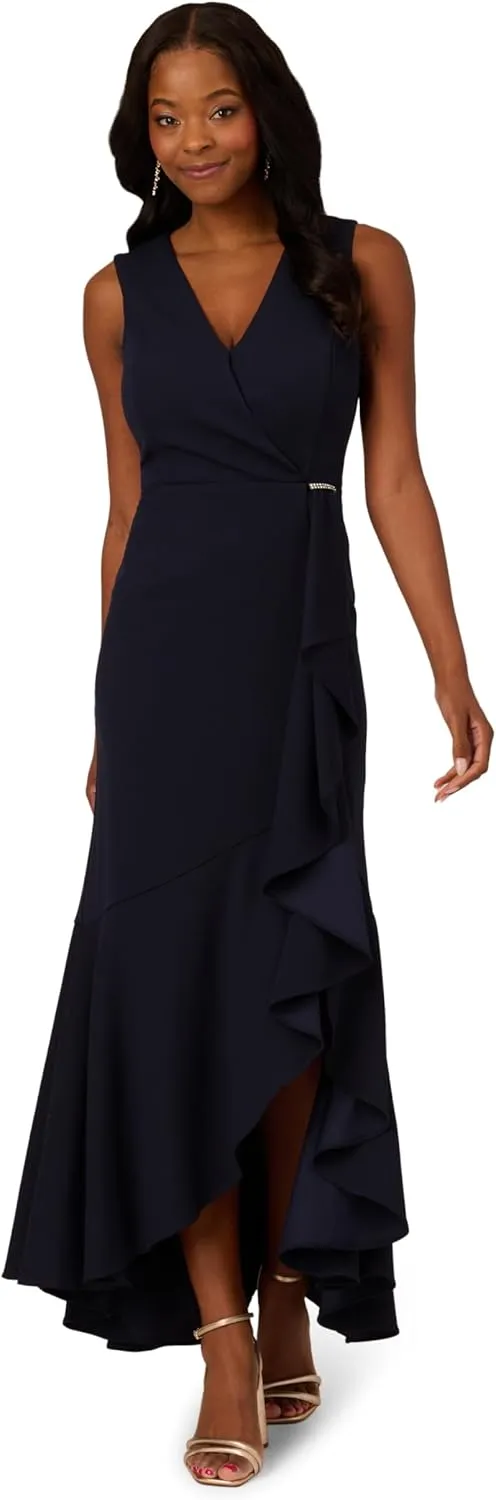 Adrianna Papell Women's Ruffle Flounce Crepe Gown