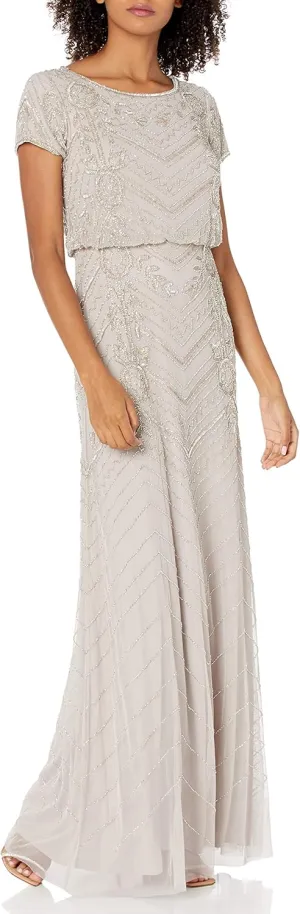 Adrianna Papell Women's V-Neck Allover Beaded Mesh Overlay Gown