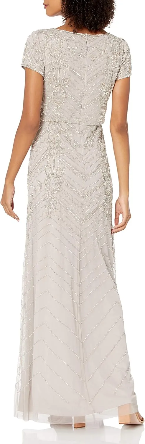 Adrianna Papell Women's V-Neck Allover Beaded Mesh Overlay Gown