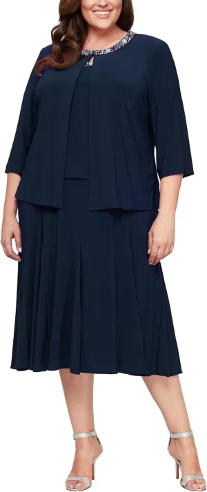 Alex Evenings Women's 2 Piece Tea Length Jacket Dress with Sequin Beaded Trim