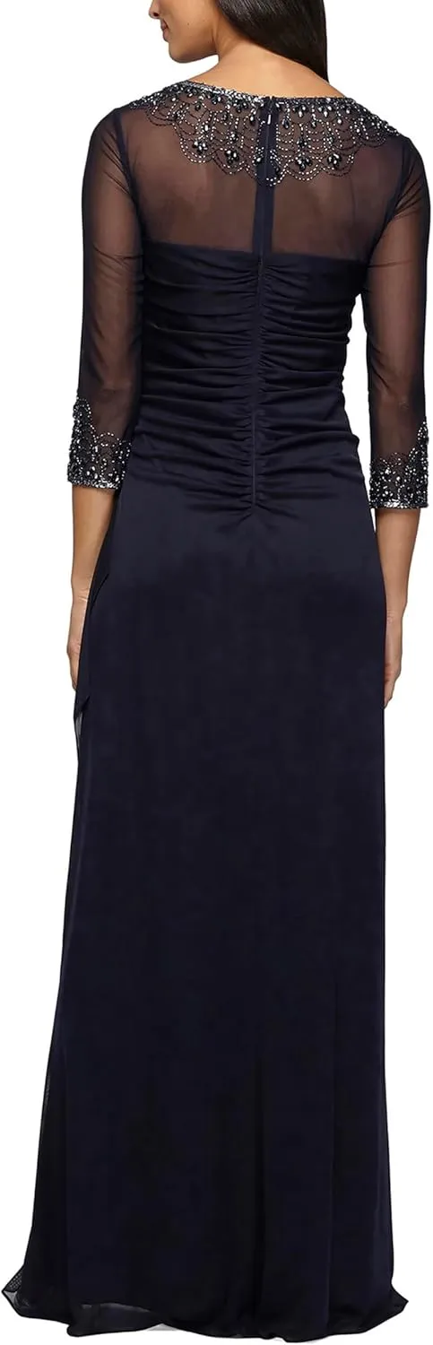 Alex Evenings Women's Long A-line Mother of The Bride Dress with Illusion Neck and Sleeves (Petite and Regular Sizes)