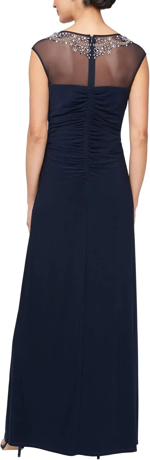 Alex Evenings Women's Long A-line Mother of The Bride Dress with Illusion Neck and Sleeves (Petite and Regular Sizes)