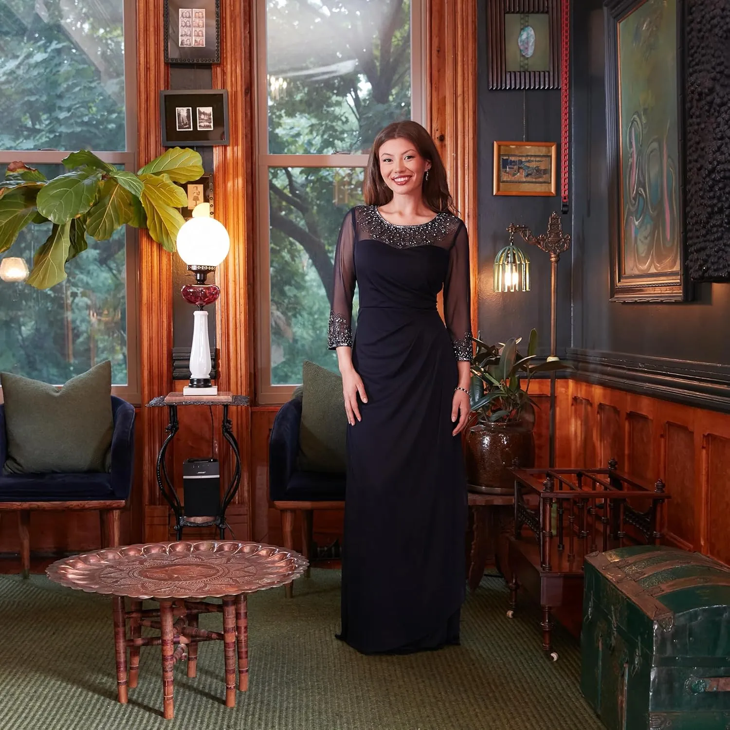 Alex Evenings Women's Long A-line Mother of The Bride Dress with Illusion Neck and Sleeves (Petite and Regular Sizes)