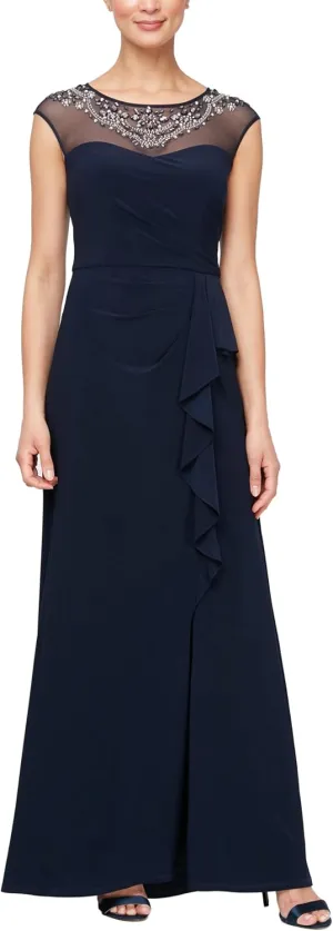 Alex Evenings Women's Long A-line Mother of The Bride Dress with Illusion Neck and Sleeves (Petite and Regular Sizes)