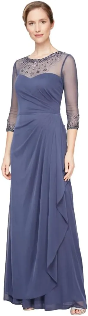 Alex Evenings Women's Long A-line Mother of The Bride Dress with Illusion Neck and Sleeves (Petite and Regular Sizes)