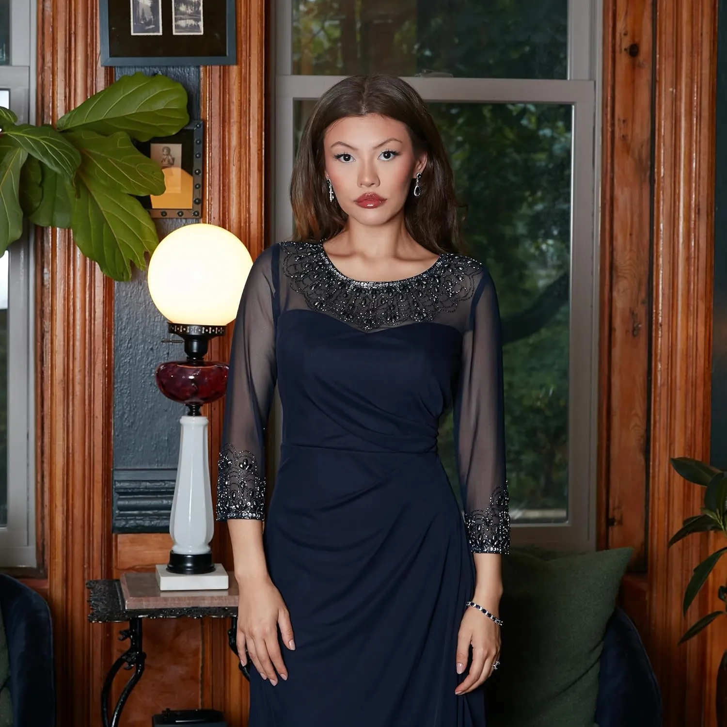 Alex Evenings Women's Long A-line Mother of The Bride Dress with Illusion Neck and Sleeves (Petite and Regular Sizes)