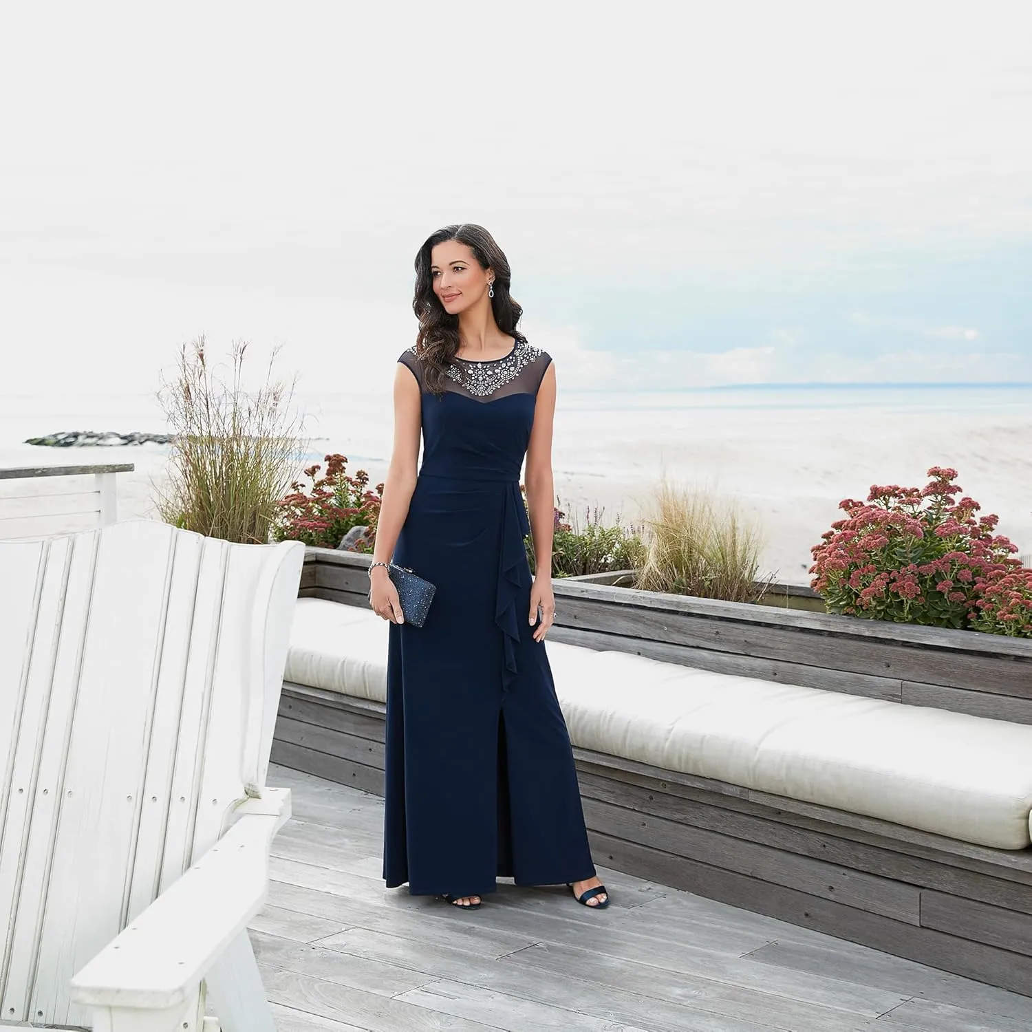 Alex Evenings Women's Long A-line Mother of The Bride Dress with Illusion Neck and Sleeves (Petite and Regular Sizes)