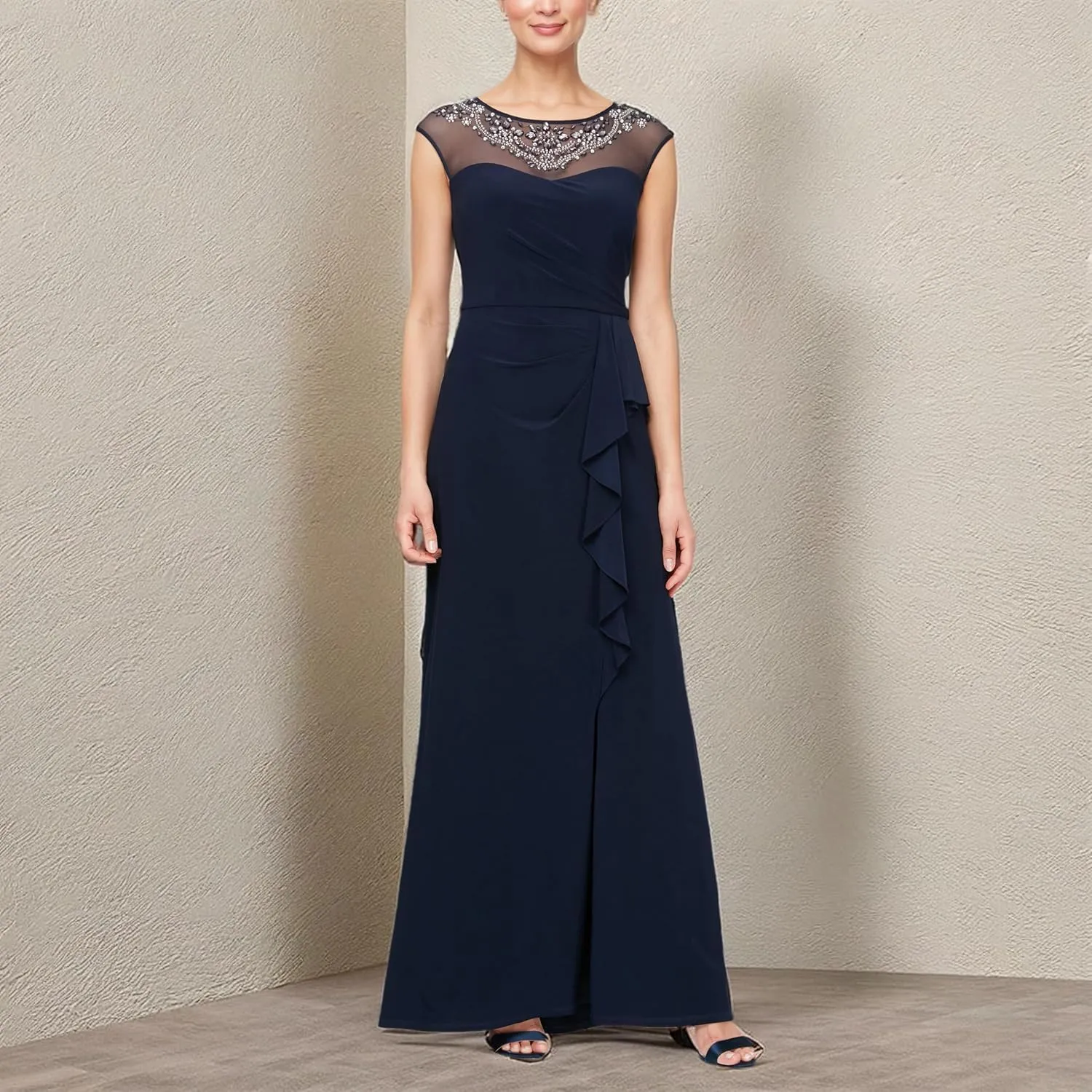 Alex Evenings Women's Long A-line Mother of The Bride Dress with Illusion Neck and Sleeves (Petite and Regular Sizes)