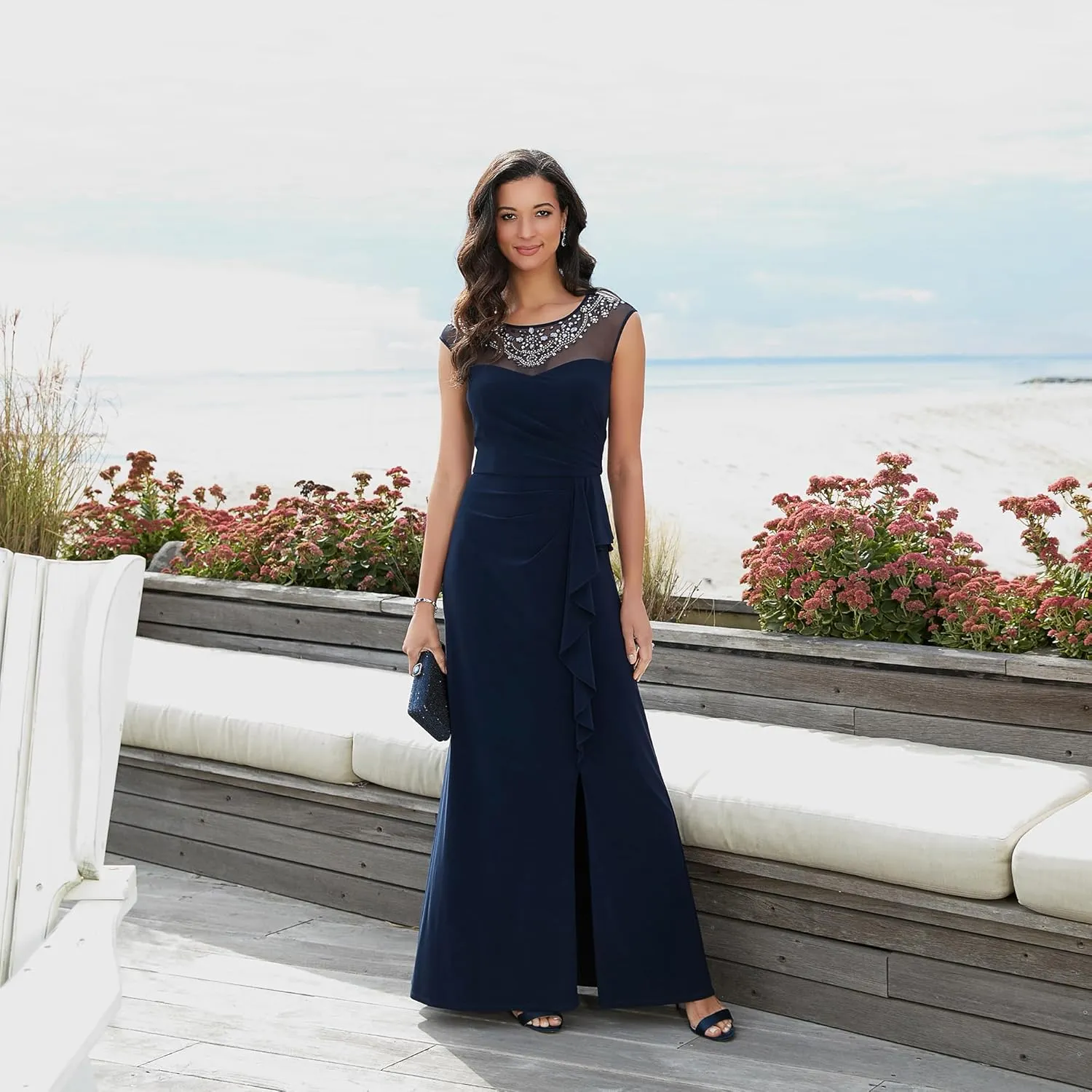 Alex Evenings Women's Long A-line Mother of The Bride Dress with Illusion Neck and Sleeves (Petite and Regular Sizes)