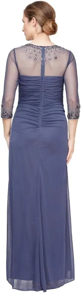Alex Evenings Women's Long A-line Mother of The Bride Dress with Illusion Neck and Sleeves (Petite and Regular Sizes)