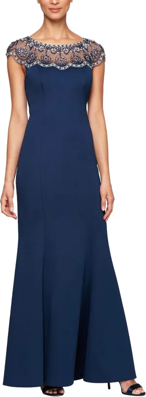 Alex Evenings Women's Long Shift Dress with Illusion Neckline (Petite and Regular Sizes)