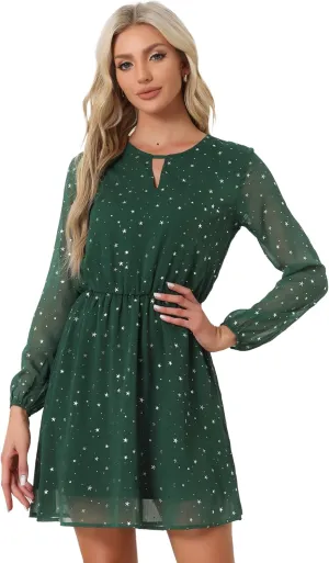 Allegra K Women's Choker V Neck Gilding Metallic Star Halloween Party Flared A-Line Dress