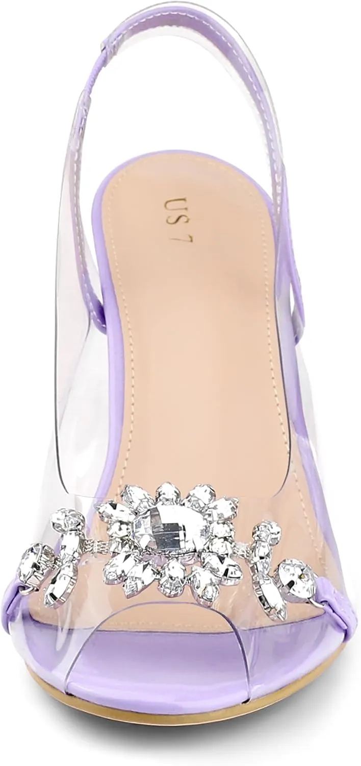 Allegra K Women's Clear Slingback Flower Rhinestone Peep Toe Heels Sandals