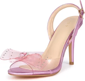 Allegra K Women's Cute Bow Rhinestone Crystal Embellished Peep Toe Slingback Stiletto Heels Sandals