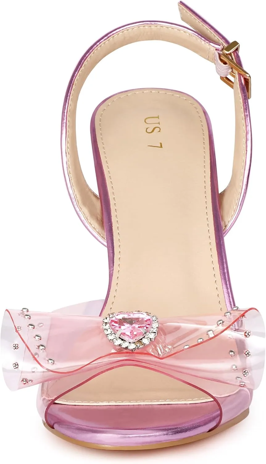 Allegra K Women's Cute Bow Rhinestone Crystal Embellished Peep Toe Slingback Stiletto Heels Sandals