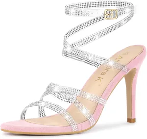 Allegra K Women's Elegant Rhinestone Clear Strap Strappy Stiletto Heels Sandals Over 3 Inch Evening Party Wedding Shoes
