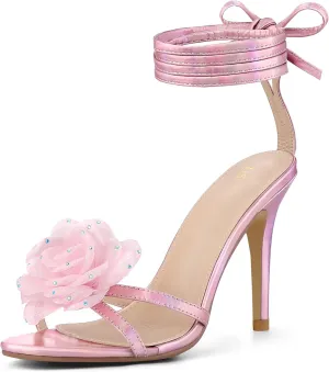 Allegra K Women's Flower Heels Strappy Lace Up Stiletto Heels Sandals