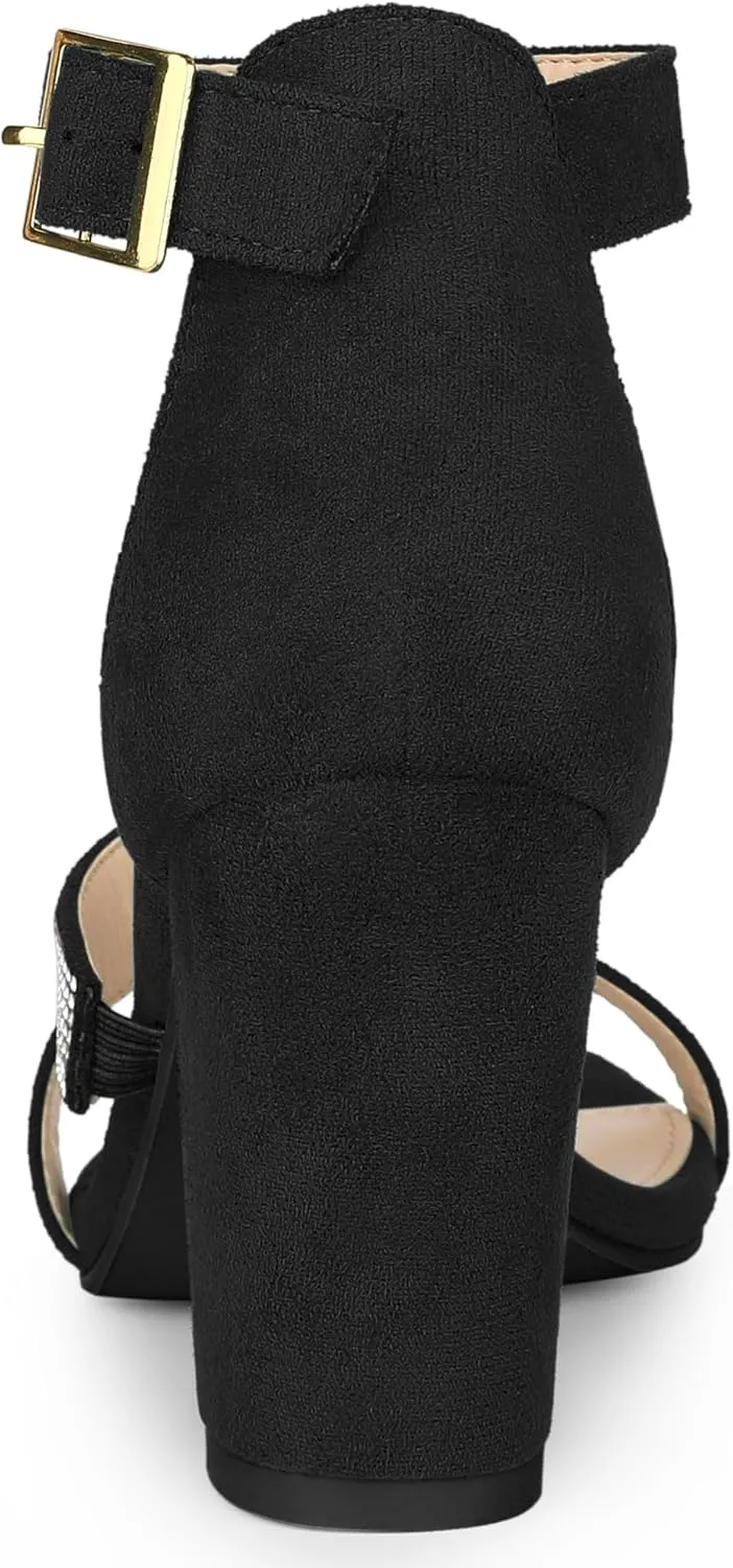 Allegra K Women's Rhinestone Open Toe Block Heels Sandals