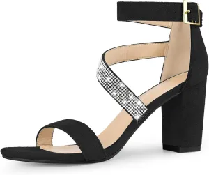Allegra K Women's Rhinestone Open Toe Block Heels Sandals