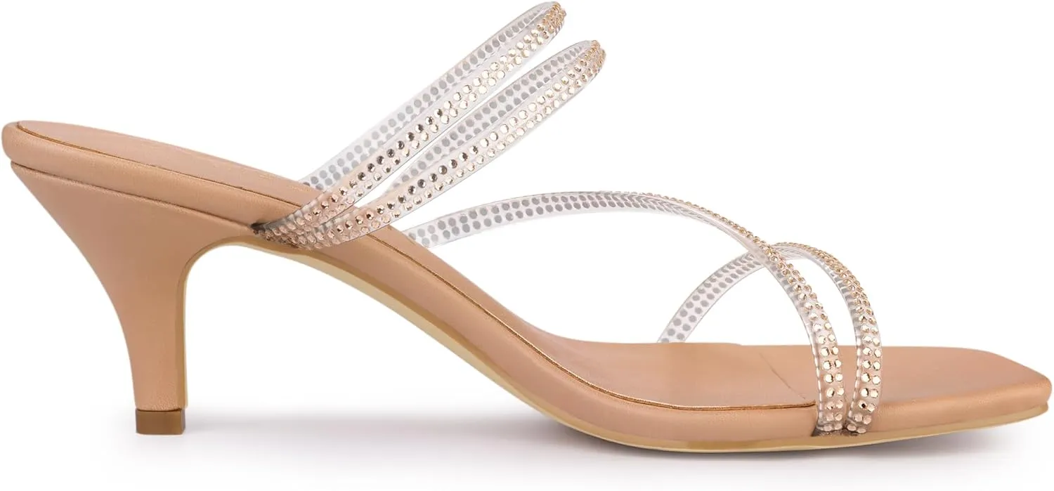 Allegra K Women's Rhinestone Strappy Kitten Heel Slide Heels Sandals