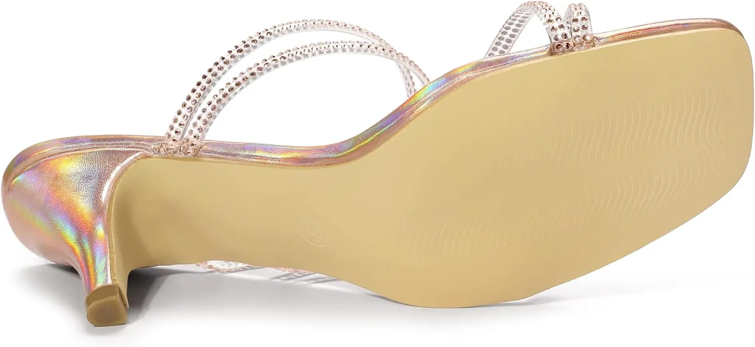 Allegra K Women's Rhinestone Strappy Kitten Heel Slide Heels Sandals