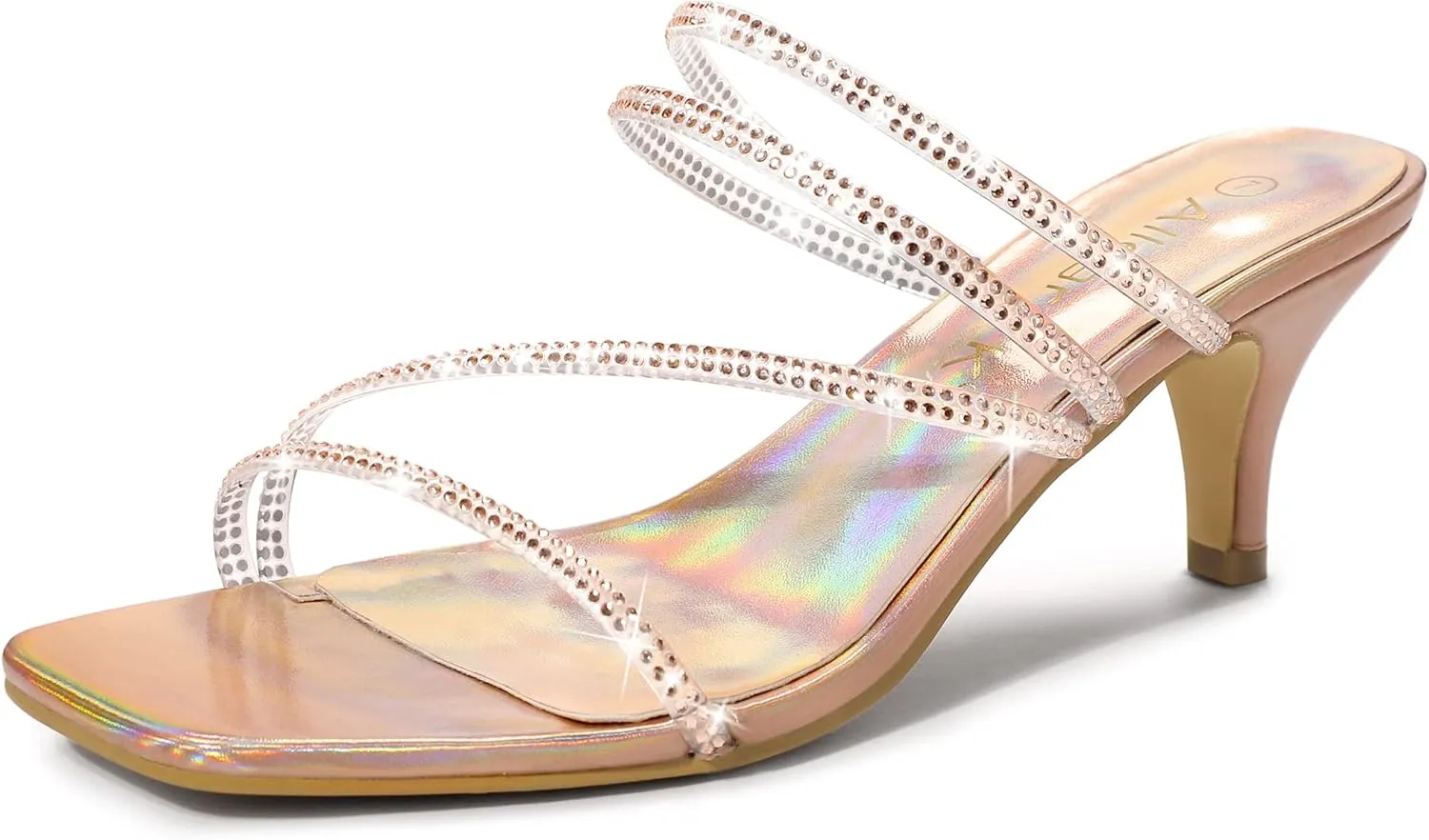 Allegra K Women's Rhinestone Strappy Kitten Heel Slide Heels Sandals