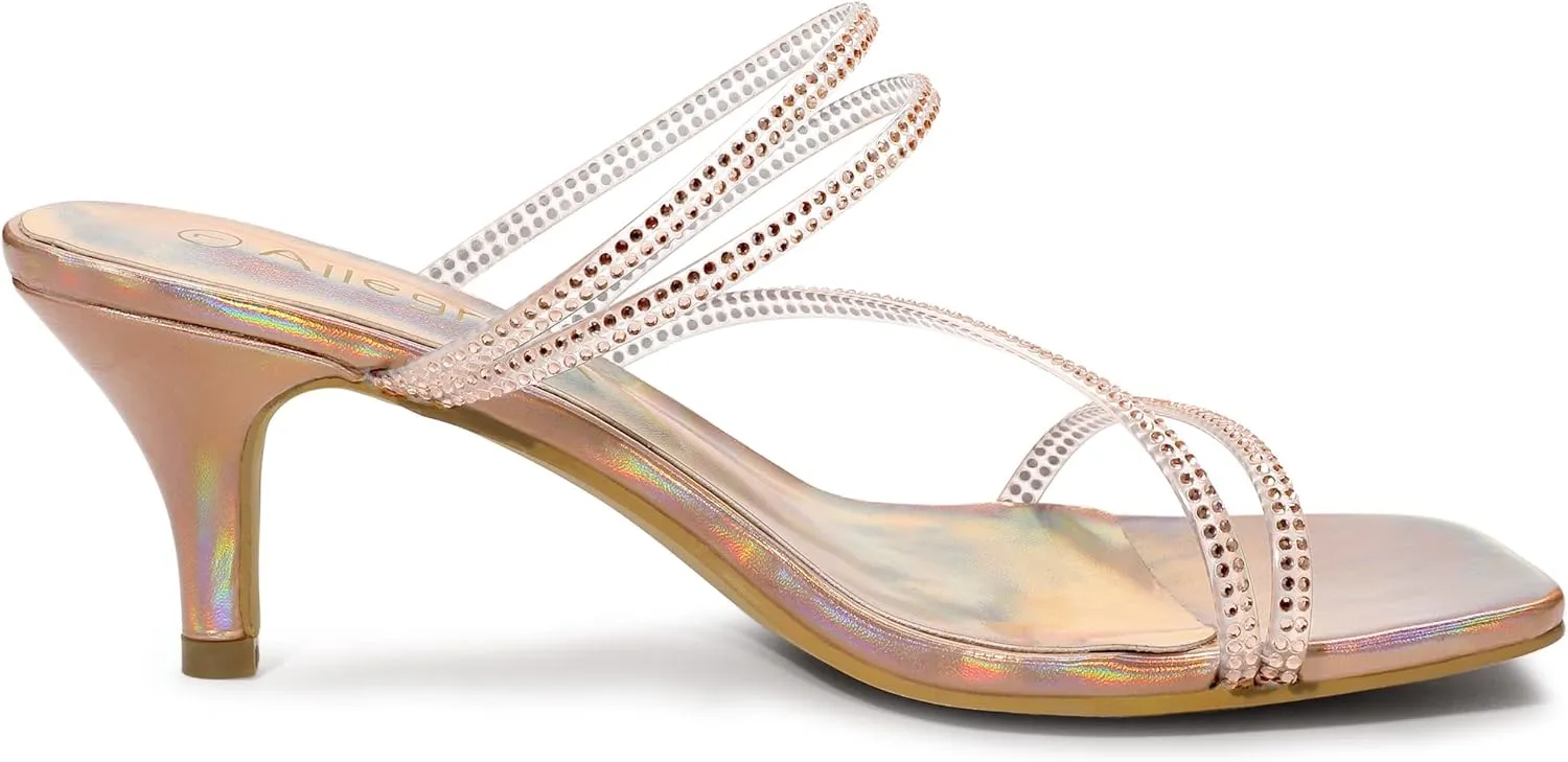 Allegra K Women's Rhinestone Strappy Kitten Heel Slide Heels Sandals