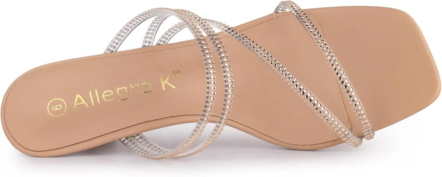 Allegra K Women's Rhinestone Strappy Kitten Heel Slide Heels Sandals