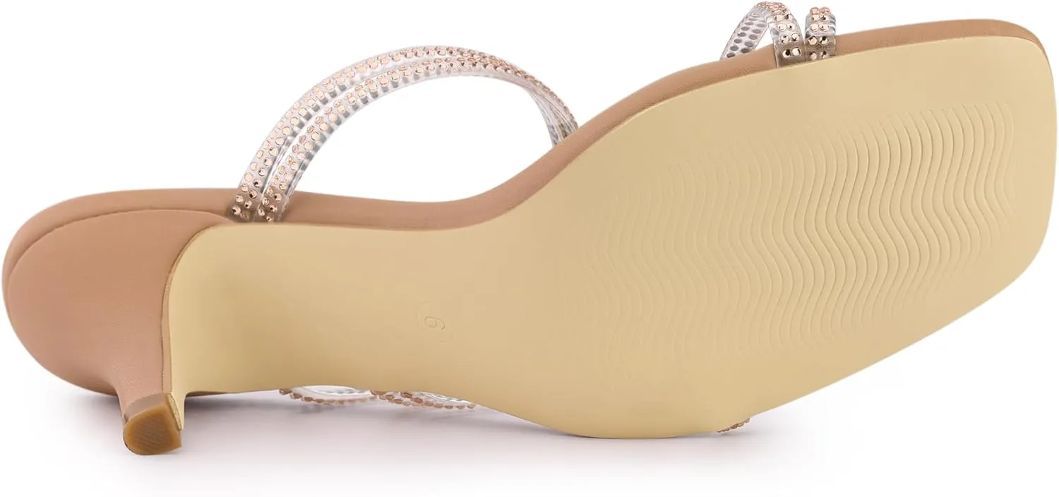 Allegra K Women's Rhinestone Strappy Kitten Heel Slide Heels Sandals