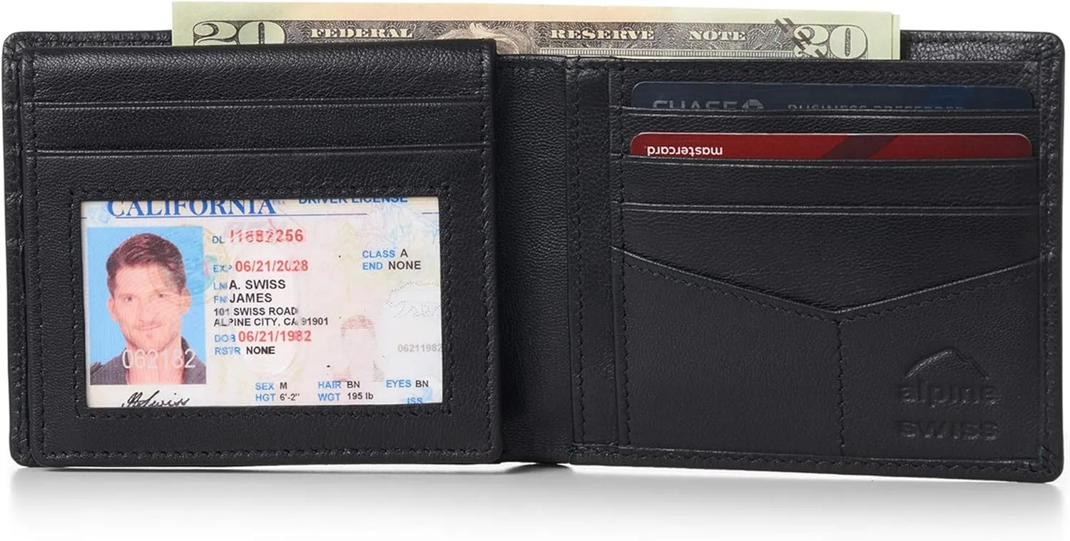 Alpine Swiss RFID Mathias Mens Wallet Deluxe Capacity Passcase Bifold With Divided Bill Section Camden Collection Comes in a Gift Box