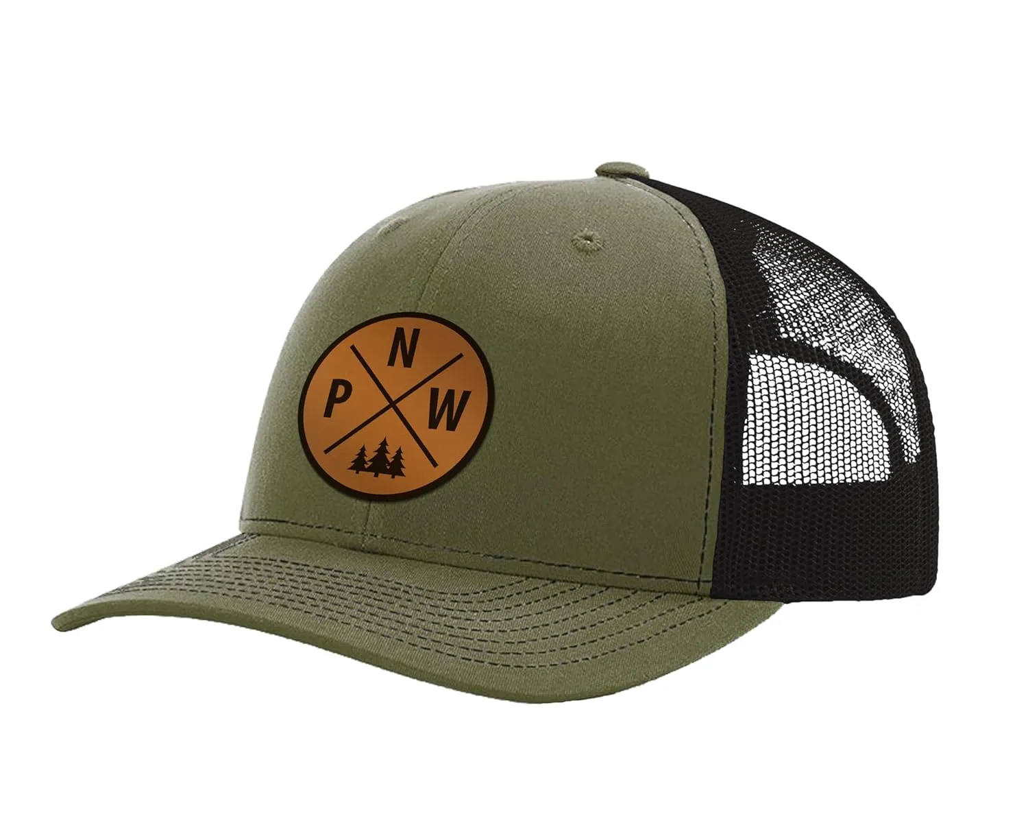 Alterd Industries Pacific Northwest Gifts - PNW Baseball Snapback Trucker Hats with Leather Patch for Men and Women Outdoor Lifestyle Camping Hiking Trail Cap (Loden/Black, PNW Crossroads Lthr)