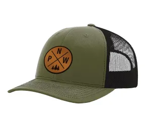 Alterd Industries Pacific Northwest Gifts - PNW Baseball Snapback Trucker Hats with Leather Patch for Men and Women Outdoor Lifestyle Camping Hiking Trail Cap (Loden/Black, PNW Crossroads Lthr)
