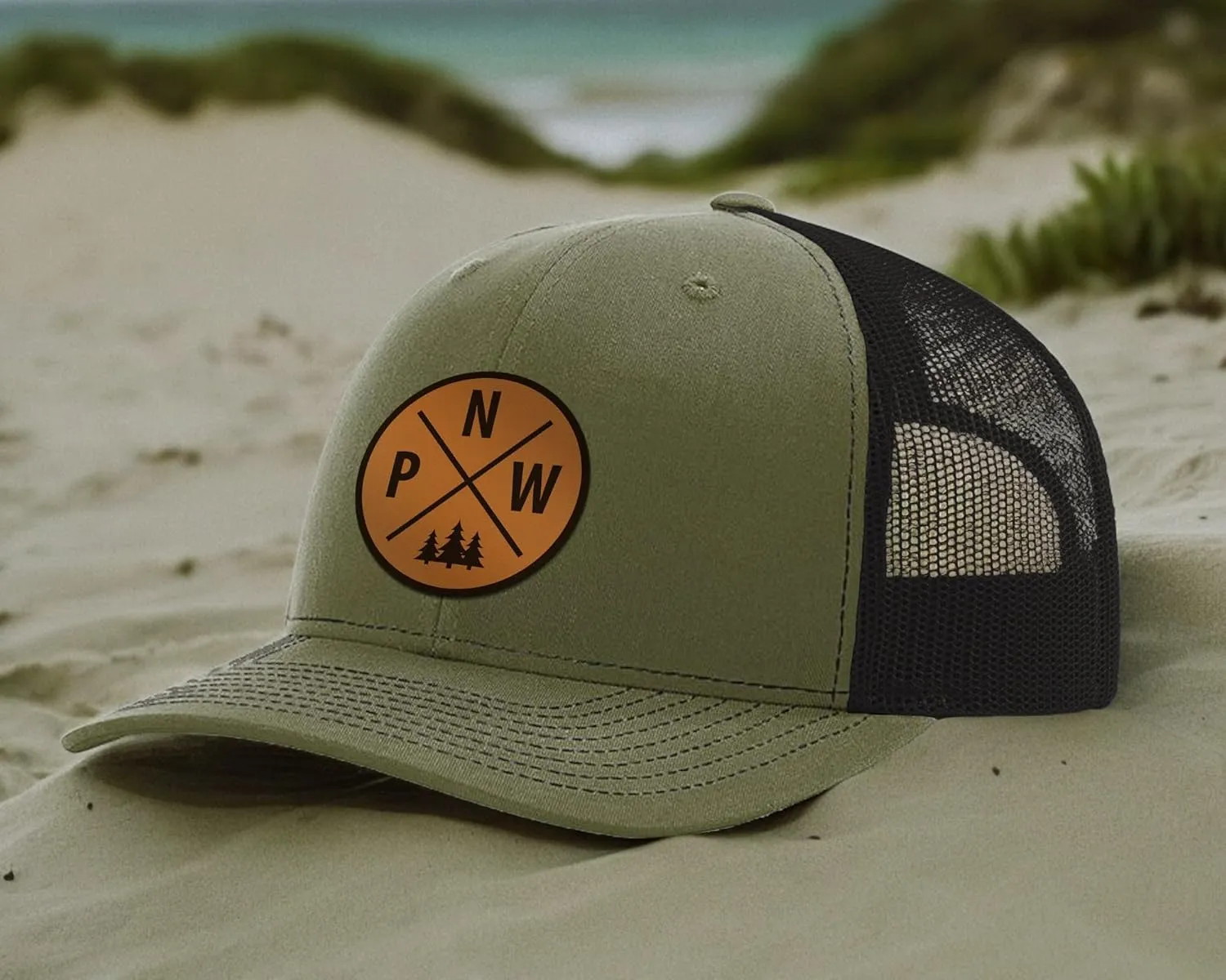 Alterd Industries Pacific Northwest Gifts - PNW Baseball Snapback Trucker Hats with Leather Patch for Men and Women Outdoor Lifestyle Camping Hiking Trail Cap (Loden/Black, PNW Crossroads Lthr)