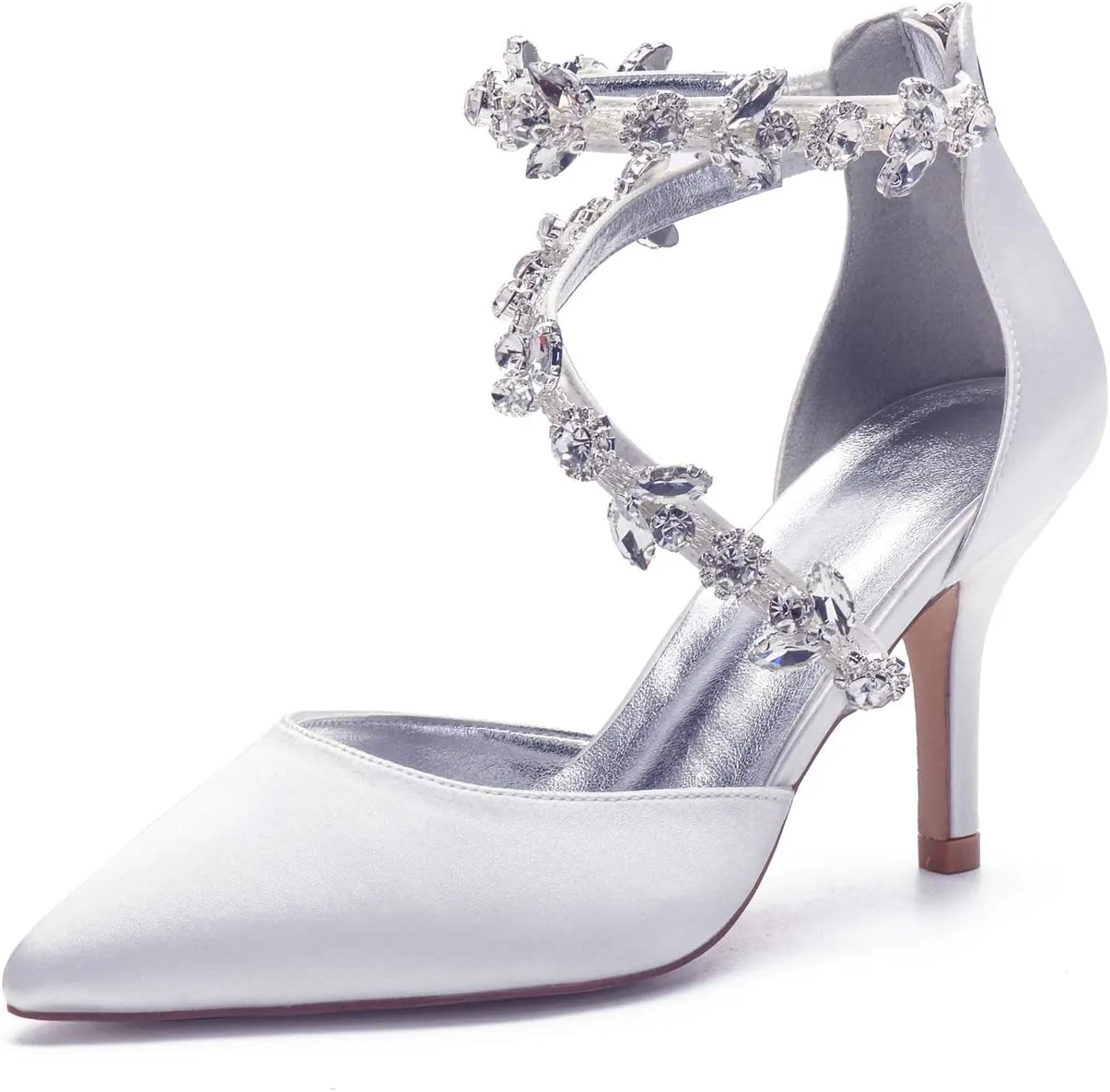 Anna's Bridal Women's Pointed Toe High Heels Pumps Ankle Strap Rhinestones Satin Heels Wedding Shoes for Bride Prom Party Dress Shoes Sandals