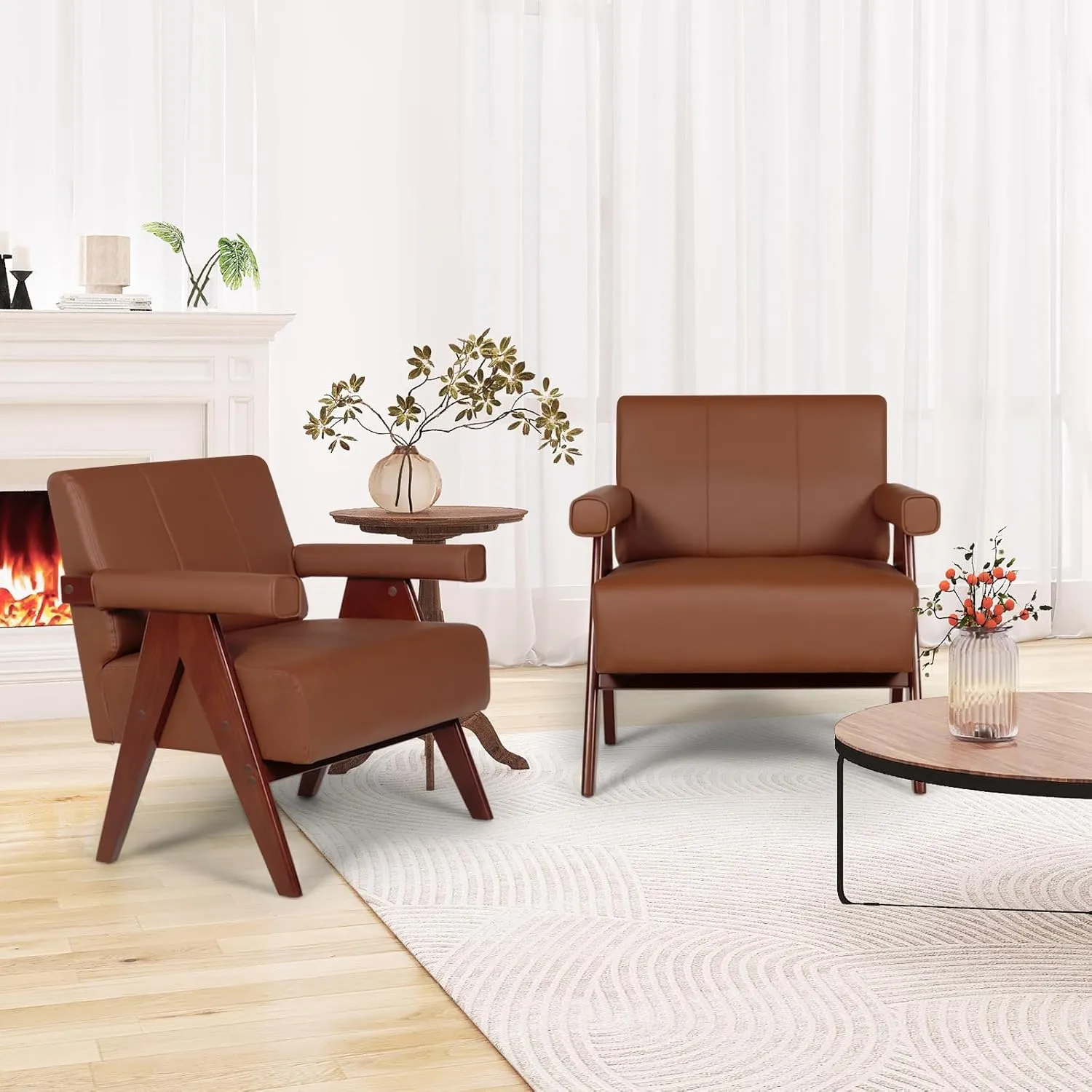 AODAILIHB Mid Century Modern Chairs Brown Leather Accent Chair Wood Arms with Soft Bag Living Room Chairs with Thick Cushion Comfy Leisure Sitting Waiting Room Chairs Bedroom/Office (1, Brown)