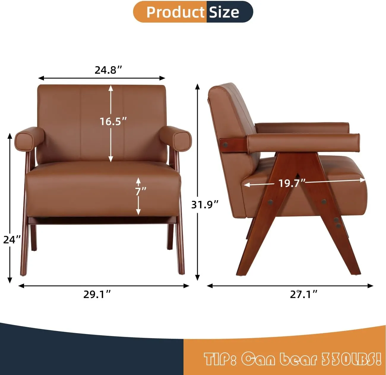 AODAILIHB Mid Century Modern Chairs Brown Leather Accent Chair Wood Arms with Soft Bag Living Room Chairs with Thick Cushion Comfy Leisure Sitting Waiting Room Chairs Bedroom/Office (1, Brown)