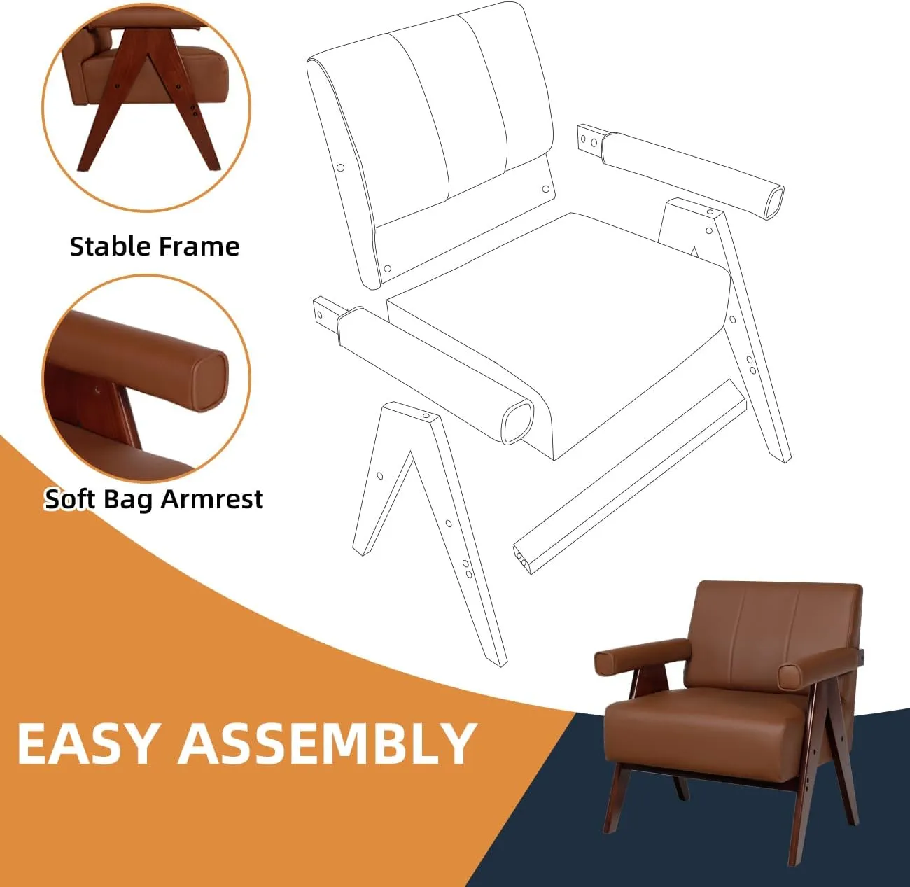 AODAILIHB Mid Century Modern Chairs Brown Leather Accent Chair Wood Arms with Soft Bag Living Room Chairs with Thick Cushion Comfy Leisure Sitting Waiting Room Chairs Bedroom/Office (1, Brown)