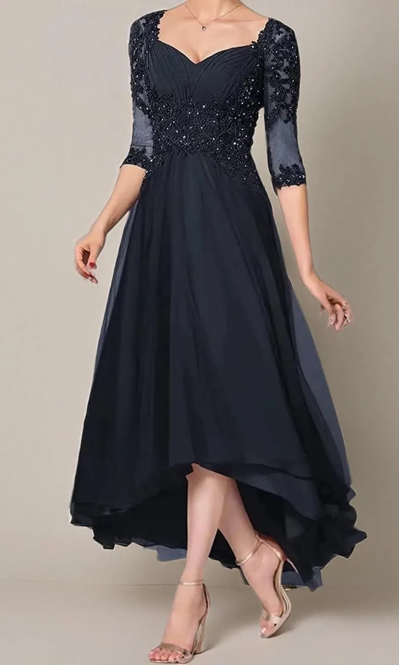 Applique Beaded Mother of The Bride Dress with 1/2 Sleeve High Low Laces Chiffon Mother Bride Dresses Aline
