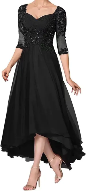 Applique Beaded Mother of The Bride Dress with 1/2 Sleeve High Low Laces Chiffon Mother Bride Dresses Aline