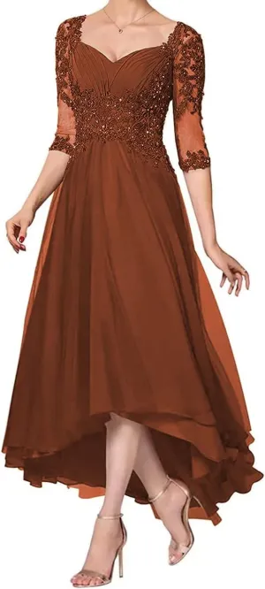 Applique Beaded Mother of The Bride Dress with 1/2 Sleeve High Low Laces Chiffon Mother Bride Dresses Aline