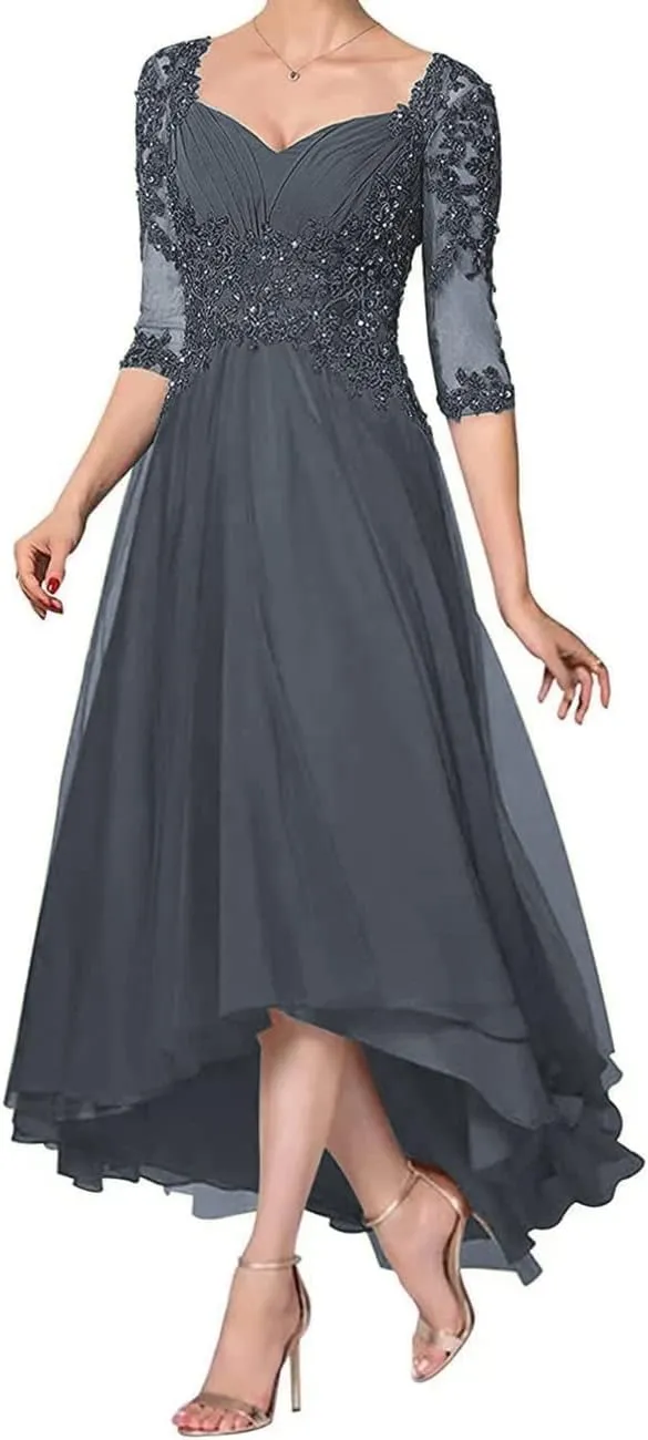 Applique Beaded Mother of The Bride Dress with 1/2 Sleeve High Low Laces Chiffon Mother Bride Dresses Aline