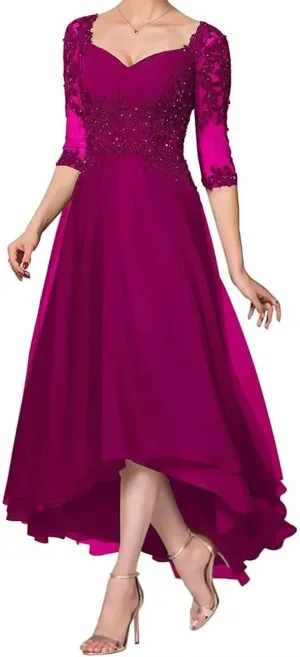 Applique Beaded Mother of The Bride Dress with 1/2 Sleeve High Low Laces Chiffon Mother Bride Dresses Aline
