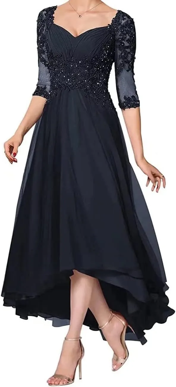 Applique Beaded Mother of The Bride Dress with 1/2 Sleeve High Low Laces Chiffon Mother Bride Dresses Aline