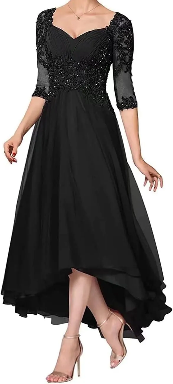 Applique Beaded Mother of The Bride Dress with 1/2 Sleeve High Low Laces Chiffon Mother Bride Dresses Aline