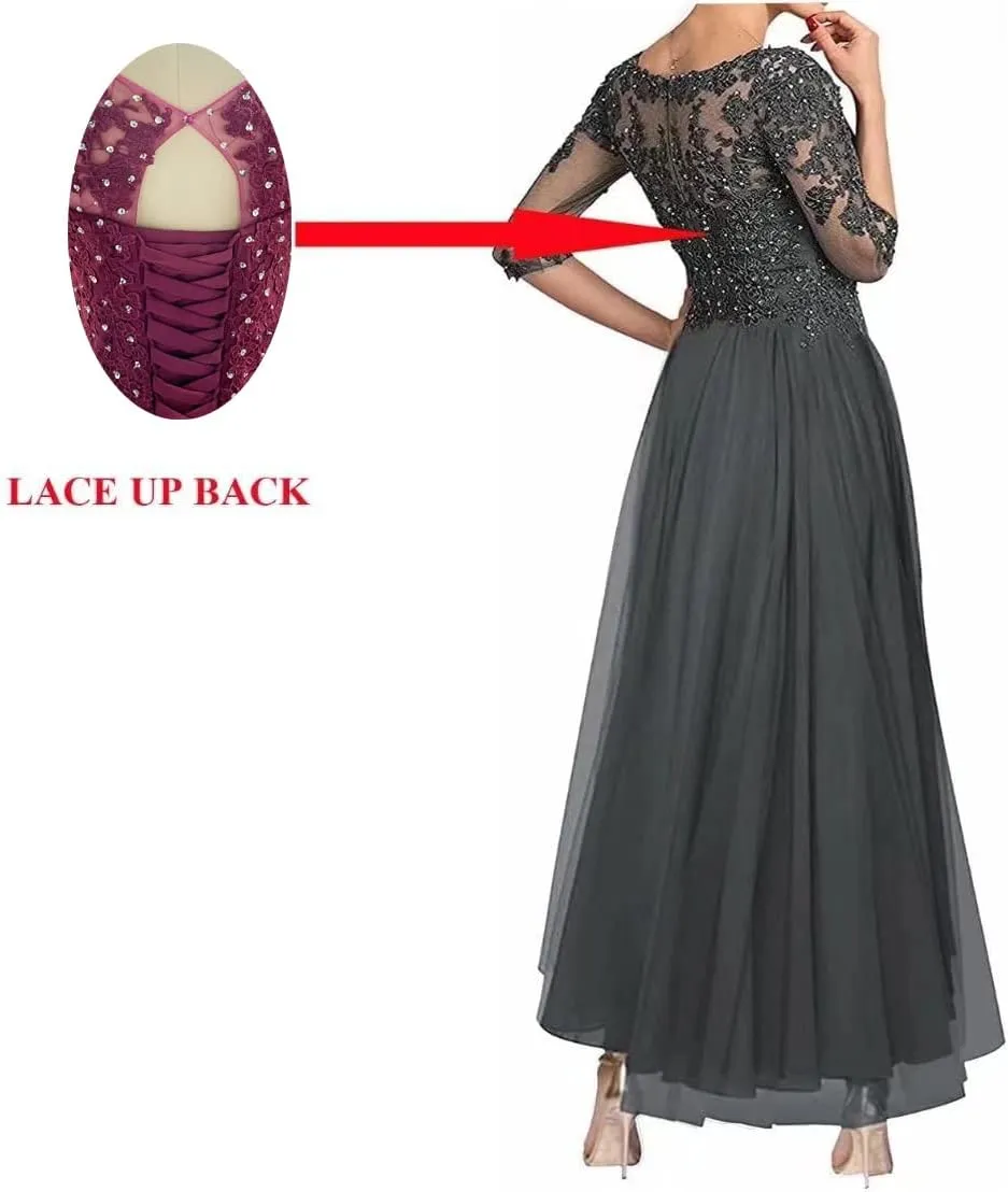 Applique Beaded Mother of The Bride Dress with 1/2 Sleeve High Low Laces Chiffon Mother Bride Dresses Aline