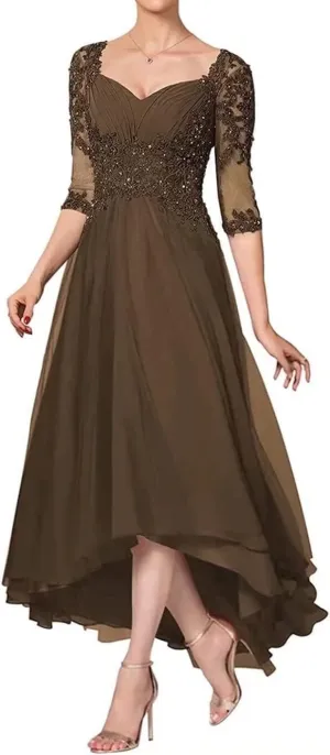 Applique Beaded Mother of The Bride Dress with 1/2 Sleeve High Low Laces Chiffon Mother Bride Dresses Aline