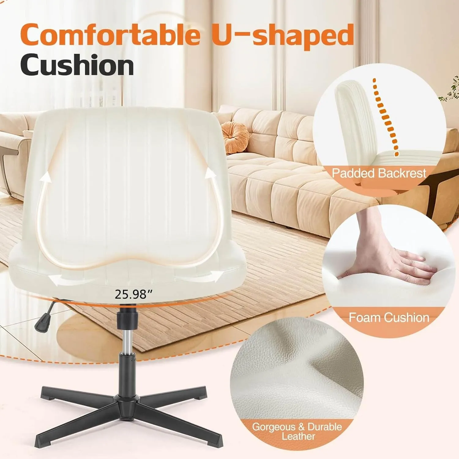 Armless Criss Cross Chair with No Wheels, Adjustable Height Office Desk Chair, Wide Comfy Vanity Chair with Back for Home Office Bedroom, Cream Leather Stripe
