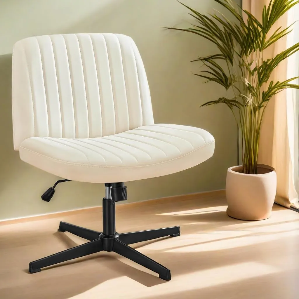Armless Criss Cross Chair with No Wheels, Adjustable Height Office Desk Chair, Wide Comfy Vanity Chair with Back for Home Office Bedroom, Cream Leather Stripe