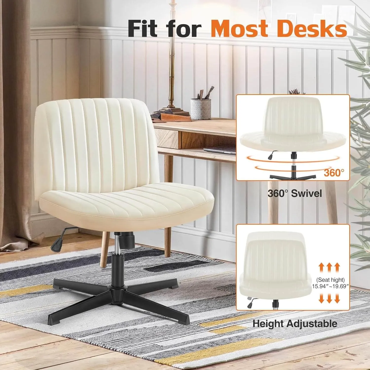 Armless Criss Cross Chair with No Wheels, Adjustable Height Office Desk Chair, Wide Comfy Vanity Chair with Back for Home Office Bedroom, Cream Leather Stripe