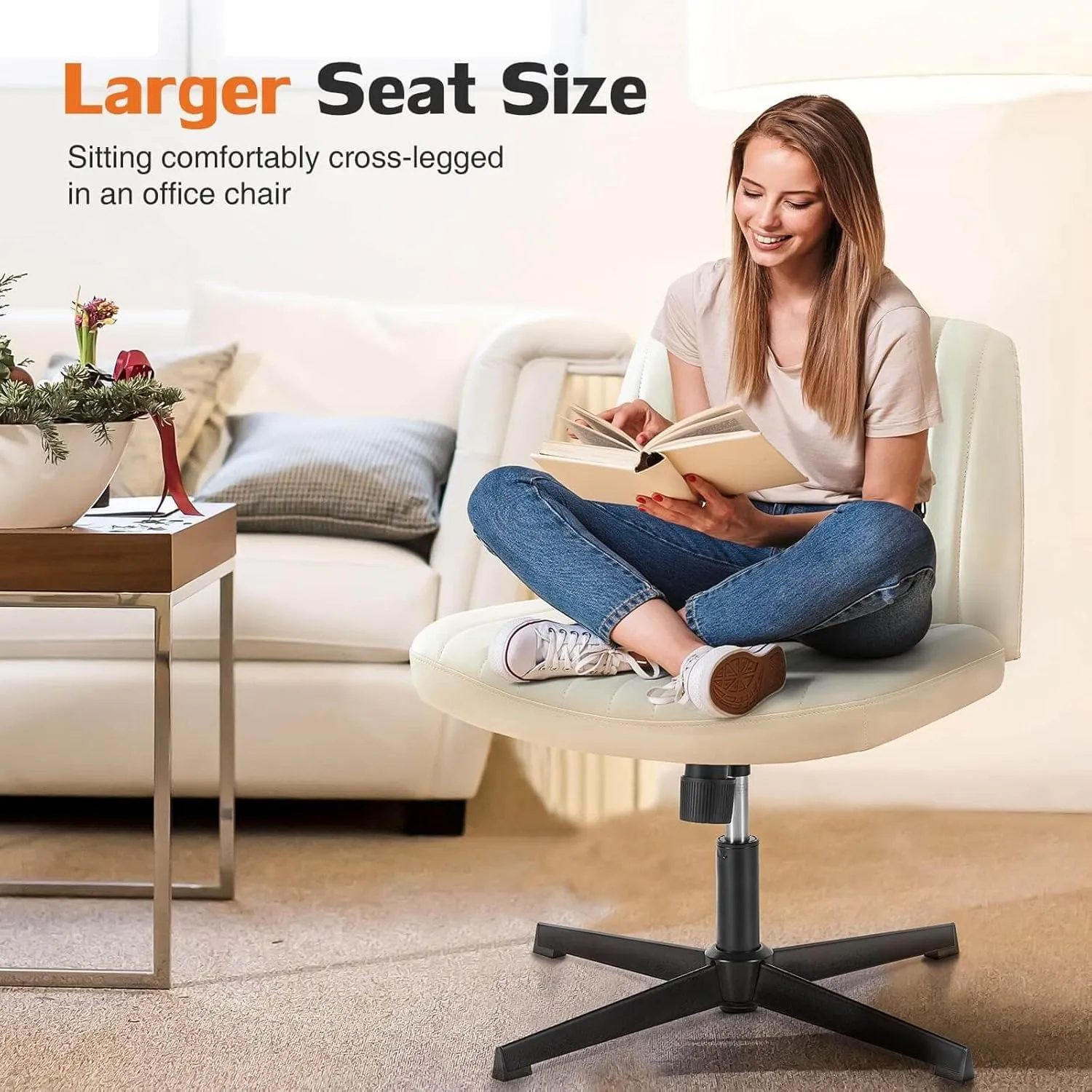 Armless Criss Cross Chair with No Wheels, Adjustable Height Office Desk Chair, Wide Comfy Vanity Chair with Back for Home Office Bedroom, Cream Leather Stripe